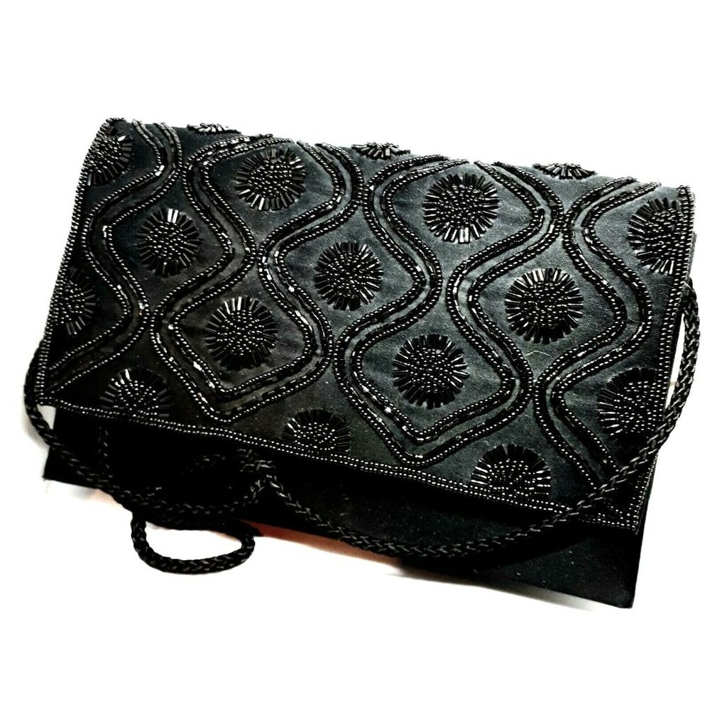 Carla Marchi Evening Purse/Clutch Black Satin Crossbody Hand-Beaded